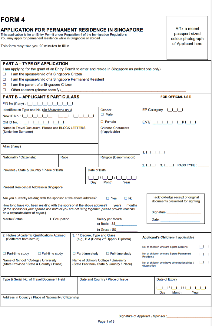 PR Application Form Singapore PDF Download